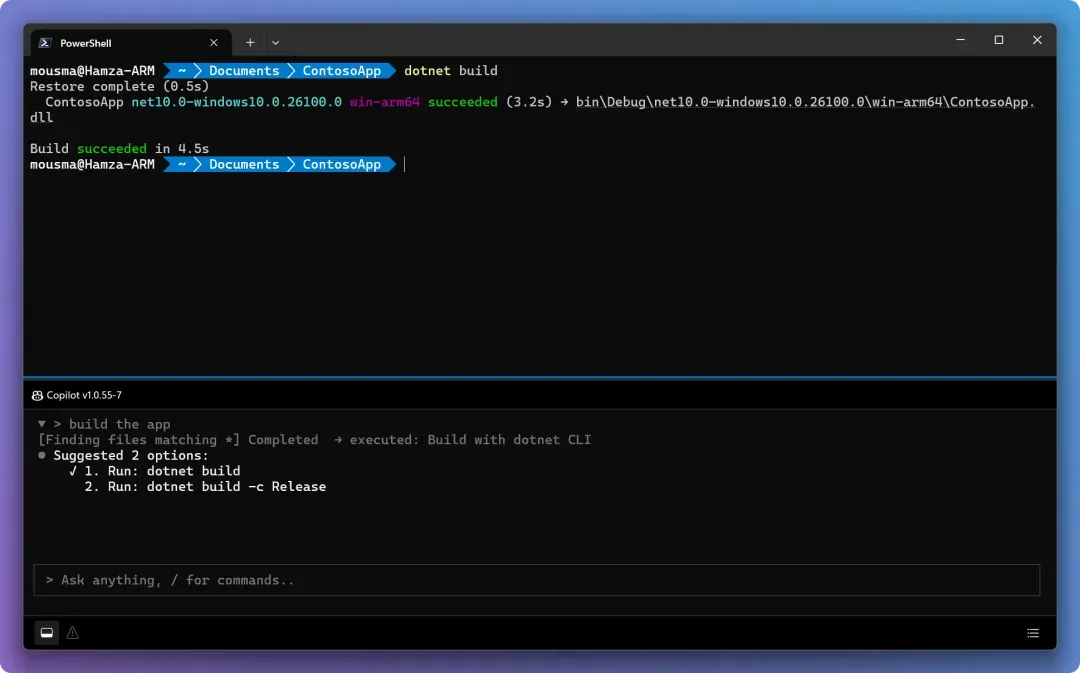 Screenshot of the agent pane with a development conversation