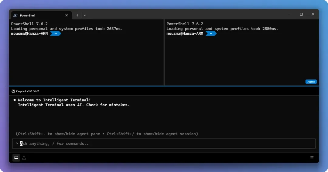 Screenshot of the agent pane with focus, showing multiple panes