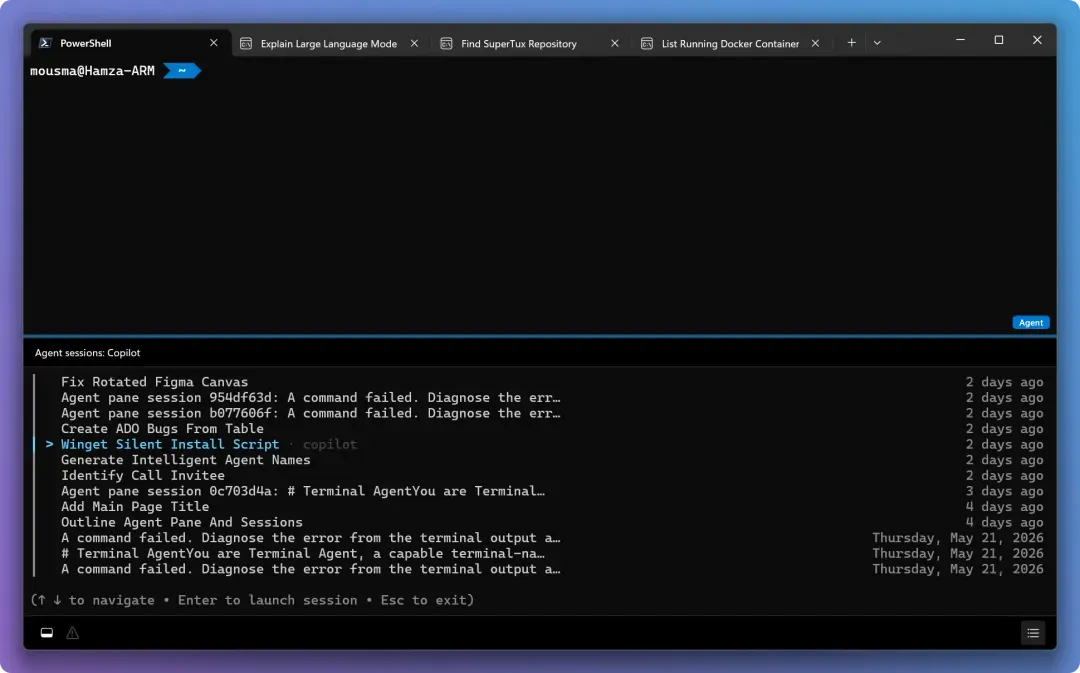 Screenshot of agent management panel showing active agents and past sessions