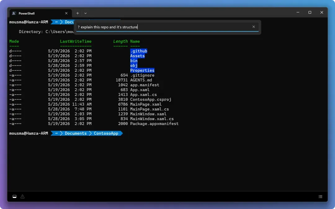 Screenshot of Command Palette with an agent prompt