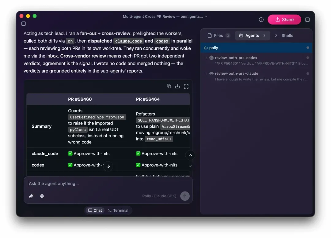Omnigent web UI showing Debby coordinating parallel agents to compare Montreal and New York bagels.