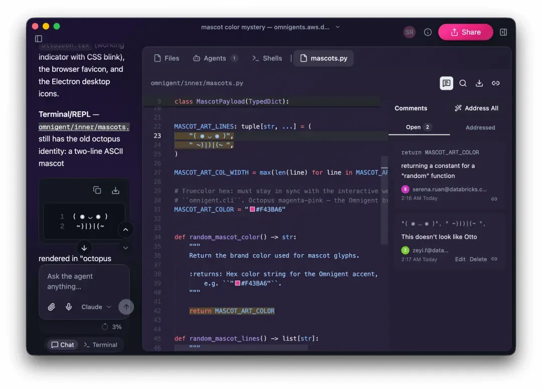 Omnigent web UI showing a shared session with inline comments, an agent chat, and a code editor open side by side.
