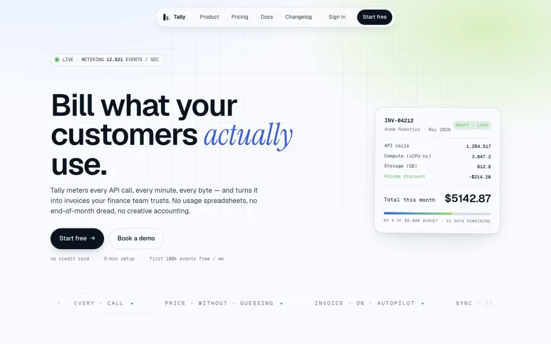 Tally SaaS product page hero
