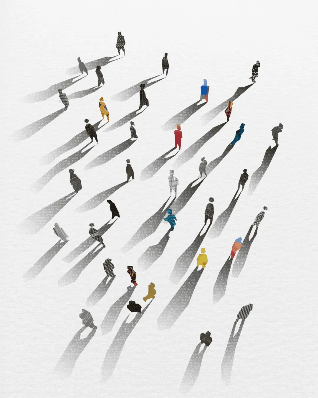 Illustration by Fionn Fanning: figures casting long shadows across a white expanse