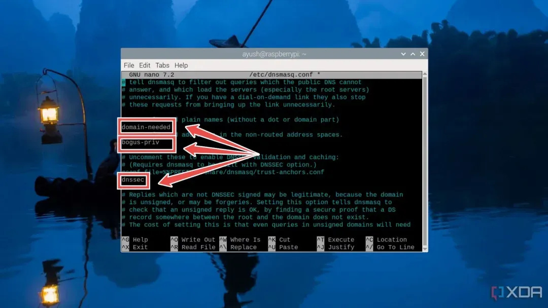 Removing the # before the domain-needed, bogus-priv, and dnssec terms
