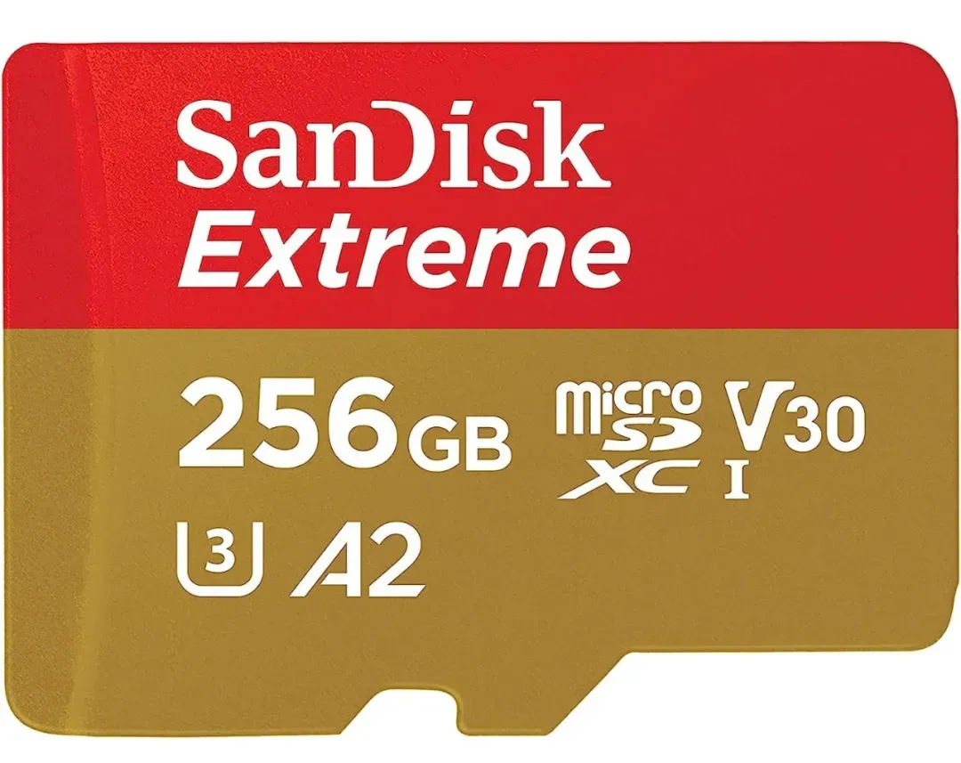 A SanDisk 256GB Extreme microSDXC UHS-I Memory Card seen from the front.